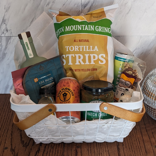 California Sober Gift Basket with THC beverages, gummies, and Austin snacks