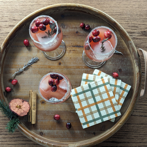 Cranberry ginger mocktail in glass with rosemary garnish