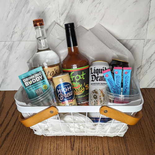 Hair of the Dog Bloody Mary Gift Basket with Tito's Vodka and hangover recovery essentials